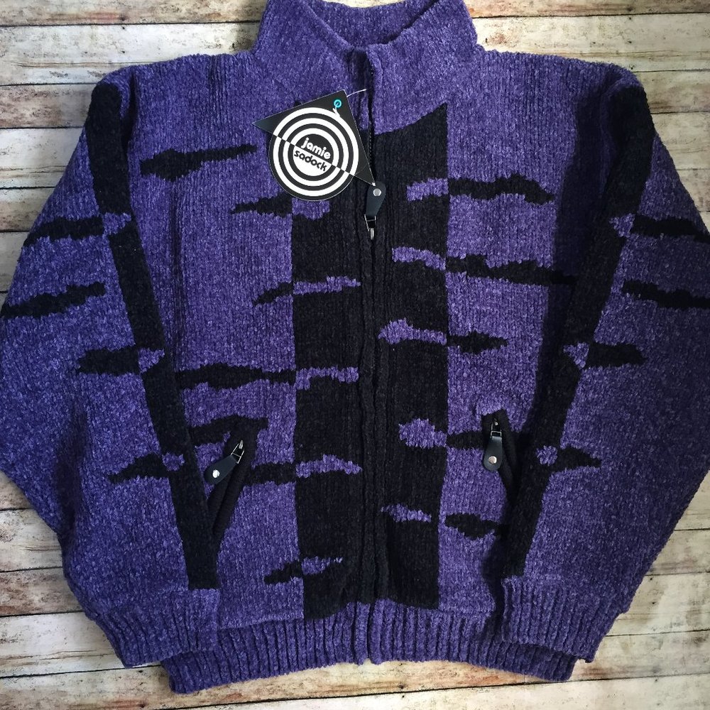 NWT Vintage Jamie Sadock Black & Purple Retro Print Chenille Zip Up Jacket Large